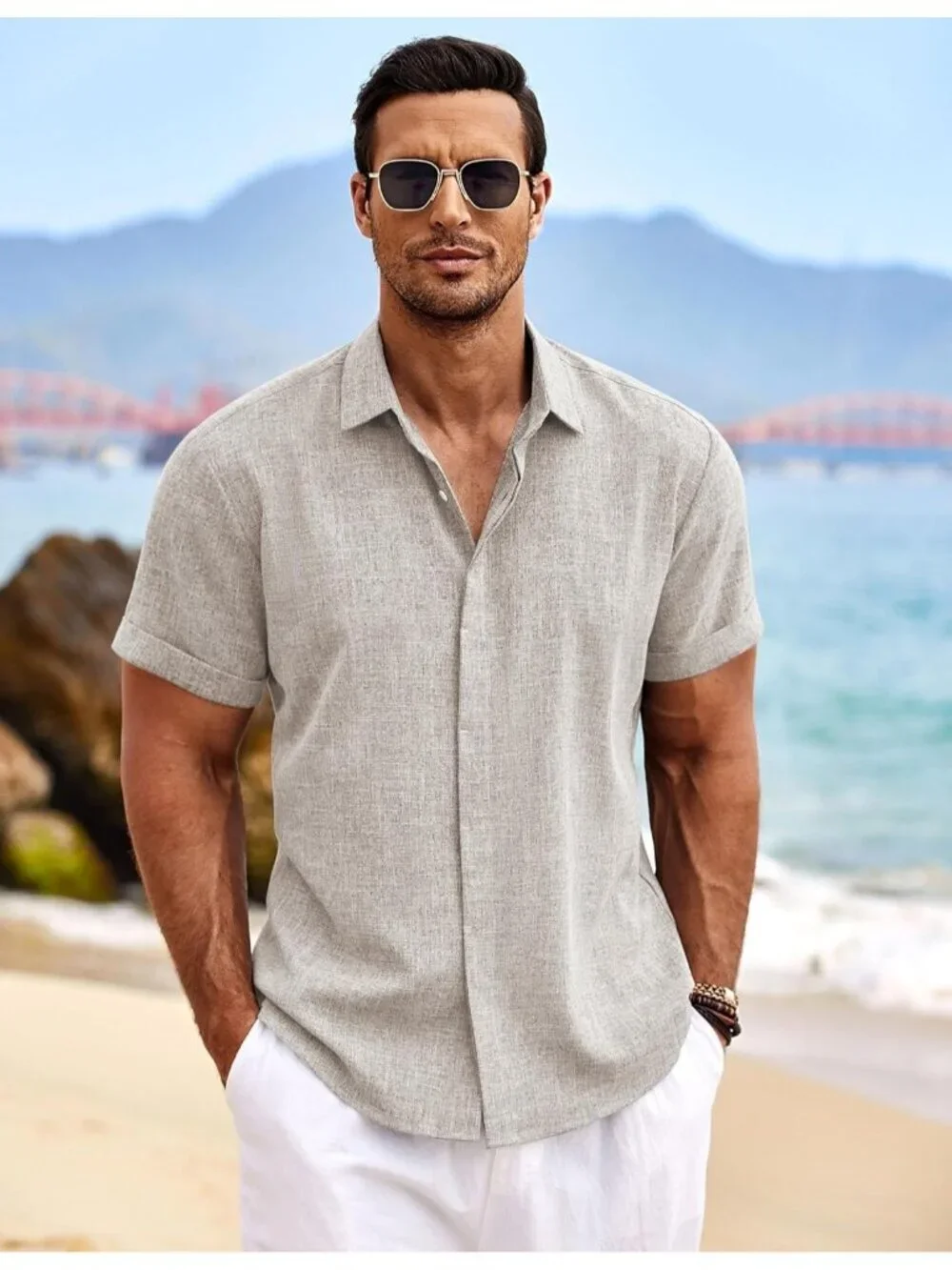 Men's Stone Beach Linen Short Sleeve Casual Wedding Shirts Button Down
